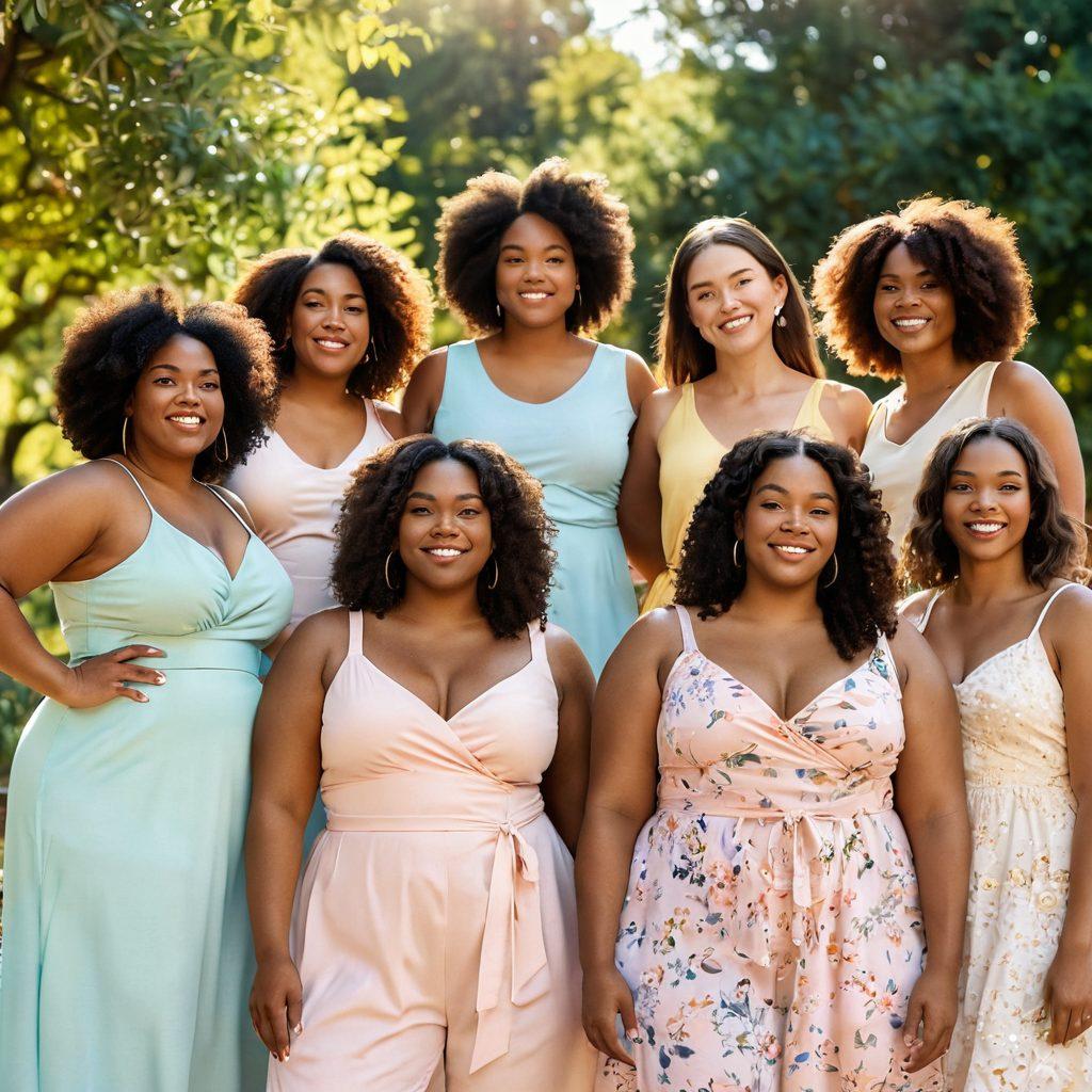 A diverse group of women of various sizes and ethnicities standing together in a sunlit park, celebrating body positivity. Each woman confidently displaying her unique beauty, with inspiring expressions. Soft, pastel-colored backgrounds with floral elements, radiating warmth and acceptance. Emphasize a sense of community and support. super-realistic. vibrant colors. natural light.