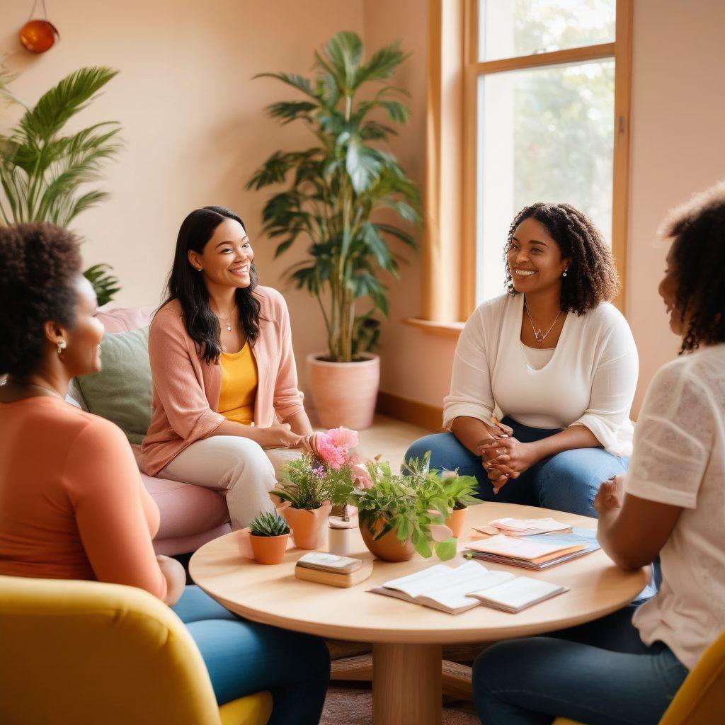 A diverse group of women engaging in an open conversation in a bright, inviting community space, with elements symbolizing empowerment and wellbeing like plants, wellness books, and soft lighting. Focus on joy, connection, and body positivity, with a variety of breast health awareness symbols subtly integrated. The scene showcases a warm and inclusive atmosphere. vibrant colors. natural light.